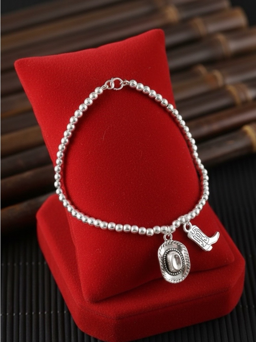 Silver Beaded Boot & Cowboy Hat Charm Bracelet Cowgirl Rodeo Country Western - Picture 2 of 5